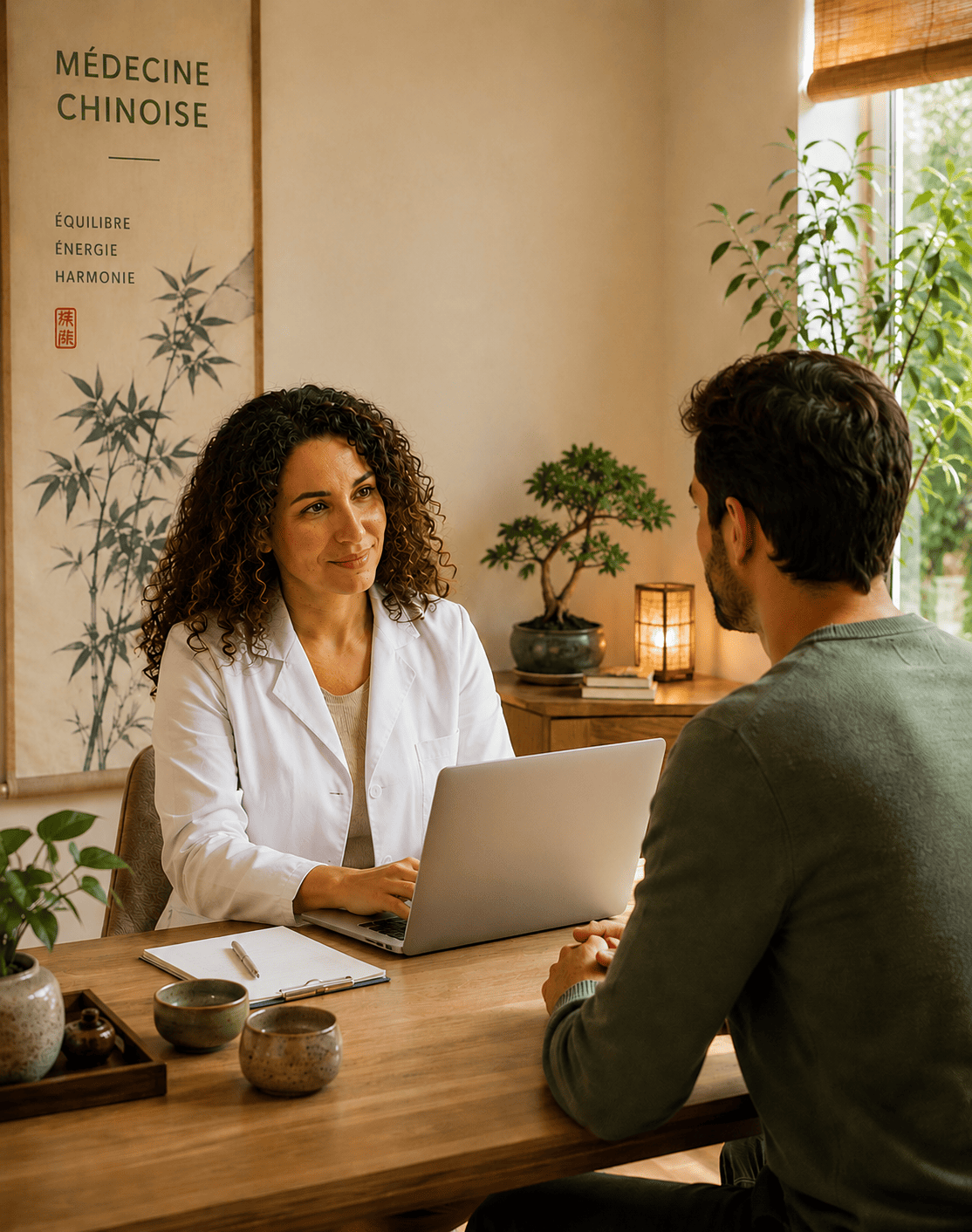 Consultation en médecine chinoise à Strasbourg avec médecin et patient dans un cabinet de bien-être naturel